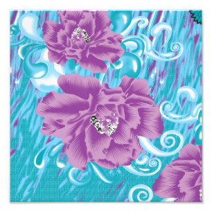 A vibrant textile design featuring purple and turq photo print