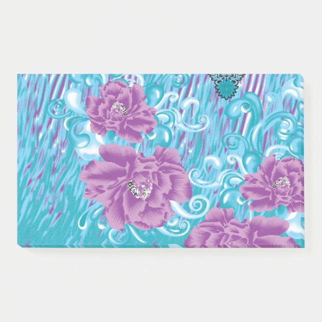 A vibrant textile design featuring purple and turq post-it notes (Front)