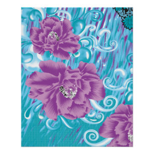 A vibrant textile design featuring purple and turq poster