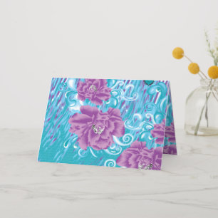 A vibrant textile design featuring purple and turq thank you card