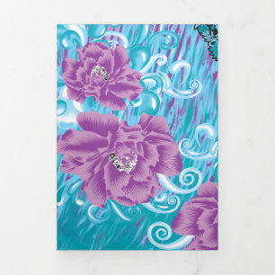 A vibrant textile design featuring purple and turq Tri-Fold invitation
