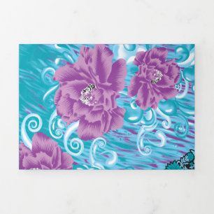 A vibrant textile design featuring purple and turq Tri-Fold invitation