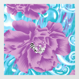 A vibrant textile design featuring purple and turq window cling