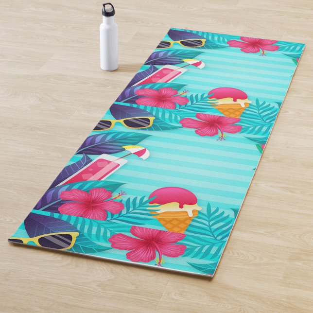 A vibrant Tropical Scene Yoga Mat (On a bright turquoise background, there are playful illustrations of sunglasses, a refreshing drink!)
