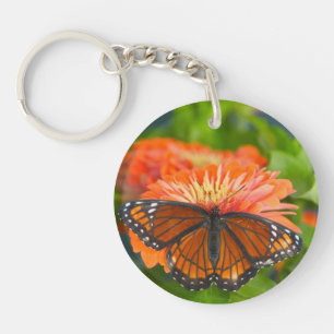 A Viceroy Butterfly on Orange Zinnias Key Ring