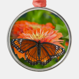 A Viceroy Butterfly on Orange Zinnias Metal Tree Decoration