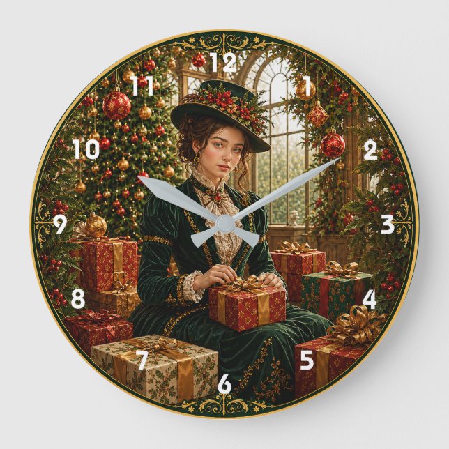 A Victorian Christmas Morning Large Clock (Front)