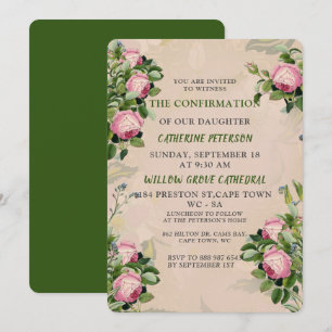 A Victorian Garden Greens, Pink Roses Confirmation Invitation