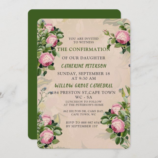 A Victorian Garden Greens, Pink Roses Confirmation Invitation (Front/Back)