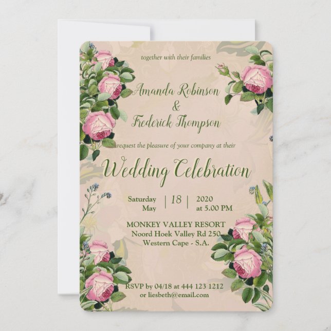 A Victorian Garden Greens with Pink Roses Wedding Invitation (Front)