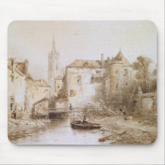A view of a town with a bell tower mouse mat