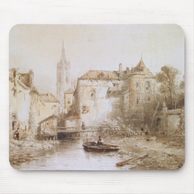 A view of a town with a bell tower mouse mat (Front)