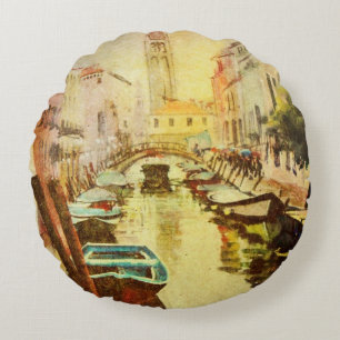 A View Of The Canal With Boats And Buildings Round Cushion