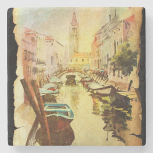 A View Of The Canal With Boats And Buildings Stone Coaster