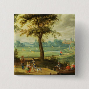 A Village Landscape by a River 15 Cm Square Badge