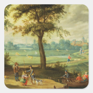 A Village Landscape by a River Square Sticker