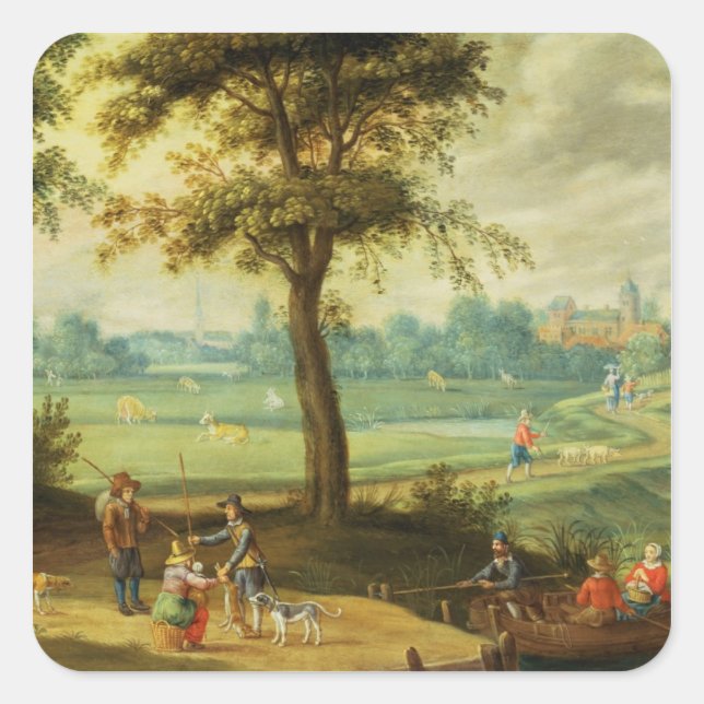 A Village Landscape by a River Square Sticker (Front)