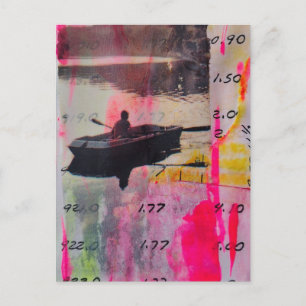 A Vintage Boat Pink Yellow Mixed Media Collage Postcard
