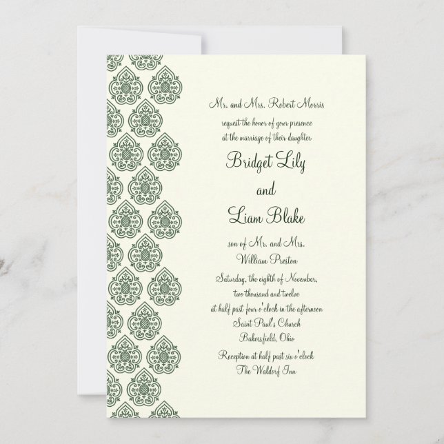 A Vintage Damask Wedding Invitation (green) (Front)