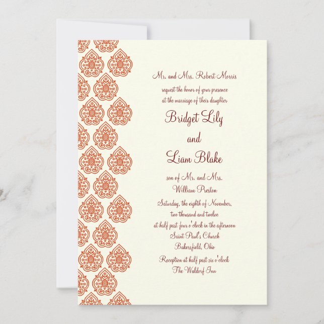 A Vintage Damask Wedding Invitation (orange) (Front)