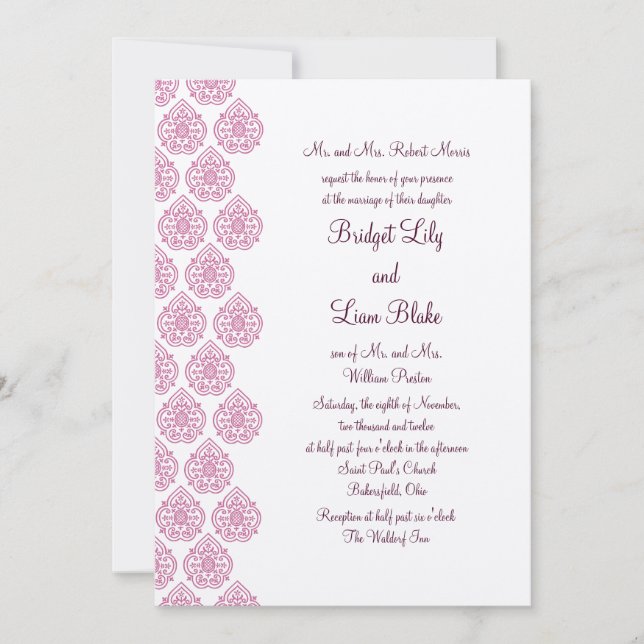A Vintage Damask Wedding Invitation pink/off-white (Front)