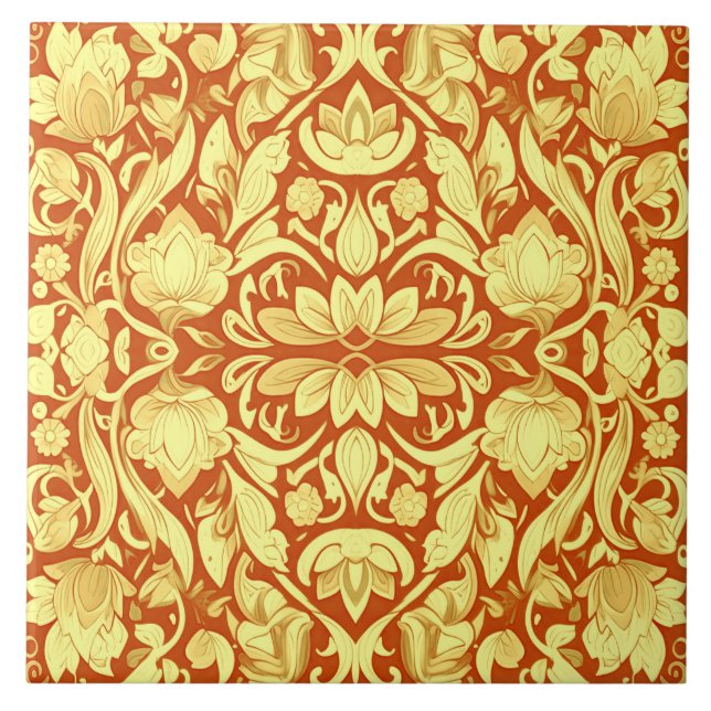 A vintage red & yellow floral pattern    tile (Front)
