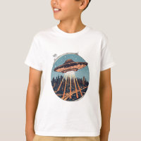 A vintage spaceship hovering over a city