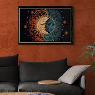A Vintage Style Psychedelic Sun and Moon Ai Art Poster