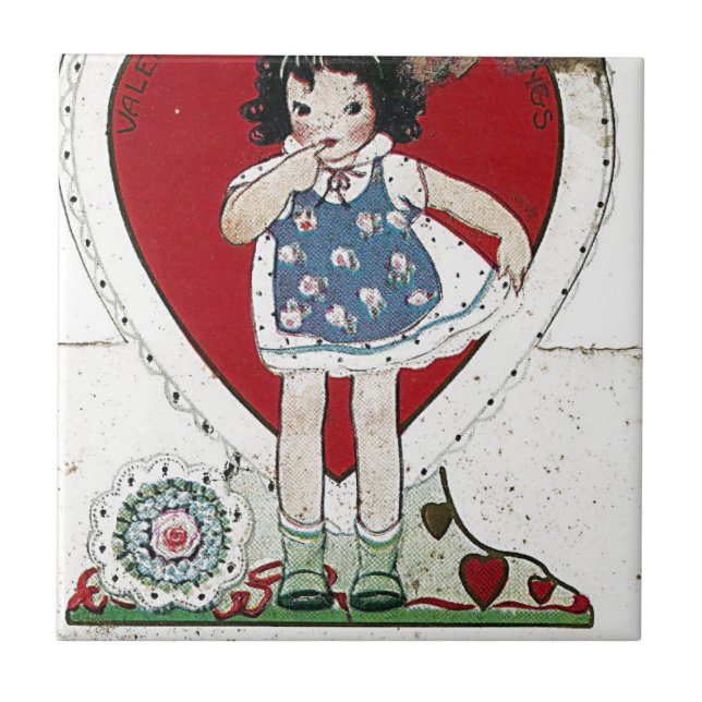 A Vintage Valentine Girl Birdie Told Me Tile (Front)