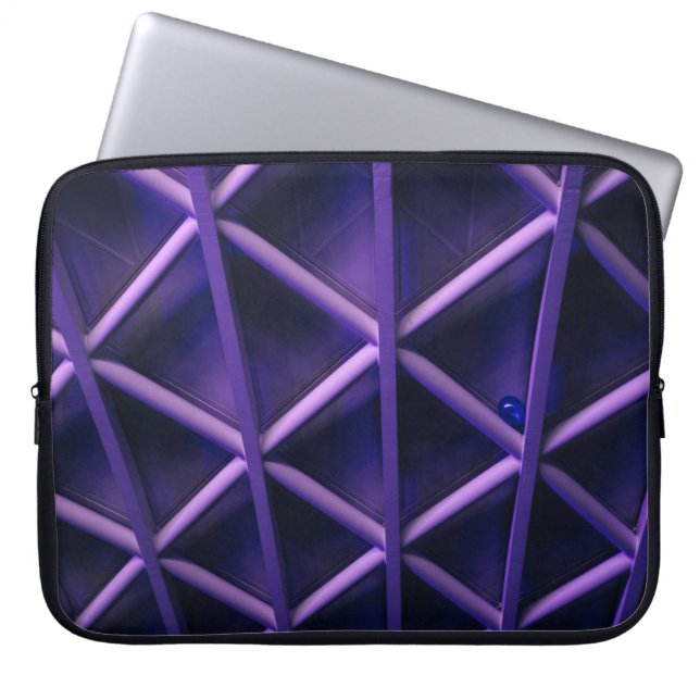 A violet ceiling with a criss-cross pattern; a blu laptop sleeve (Front)