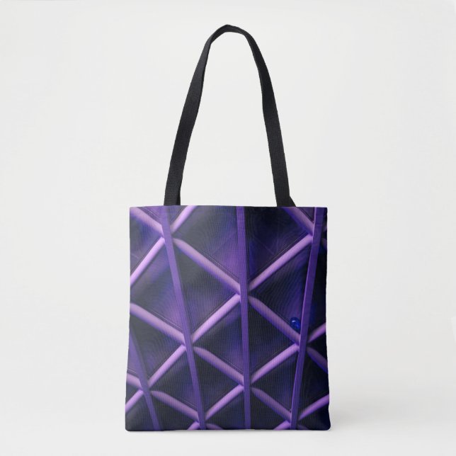 A violet ceiling with a criss-cross pattern; a blu tote bag (Front)