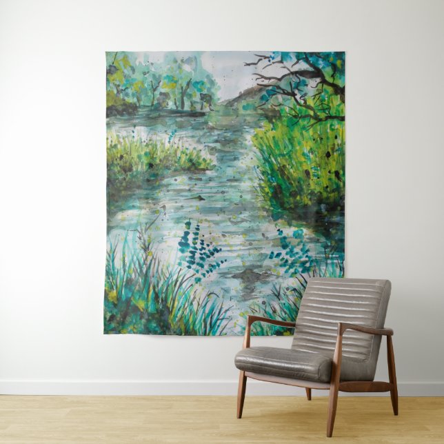 A Walk Along the Lake Watercolor Wall Tapestry (In Situ)