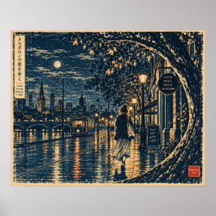A Walk Through Melbourne at Night – Japanese Woodb Poster