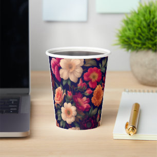 A wallpaper with a floral pattern paper cups