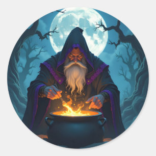 A Warlock Brewing up a Halloween Party Classic Round Sticker
