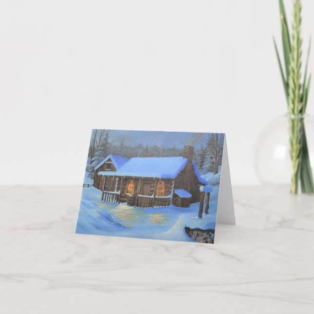 "A Warm Home" Log cabin Christmas card (Front)