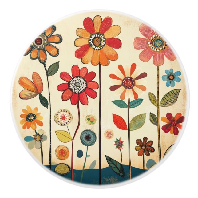 A Warm Terracotta Zinnia Patch Ceramic Knob (Front)