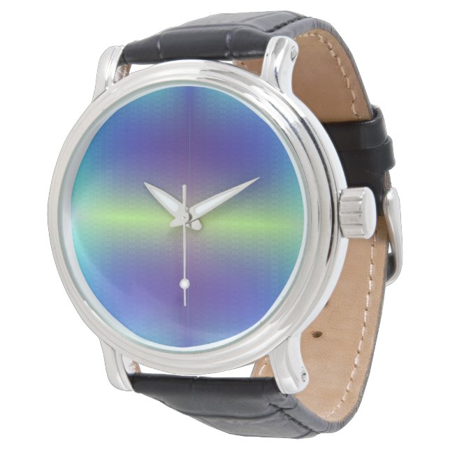 A watch with a metallic round face  (Angled)