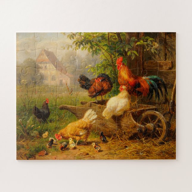 A Watchful Eye Carl Jutz 1916 Farmyard Rooster Jigsaw Puzzle (Horizontal)