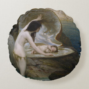 A Water Baby Found in Seashell by Bikini Nymph Round Cushion