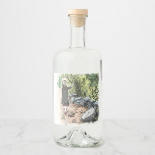 a water color illustration of a woman walking alon liquor bottle label