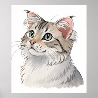 A watercolor American Curl, cat Poster