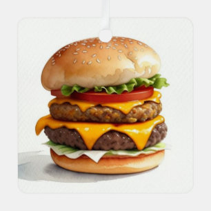 A Watercolor Drawing of a Cheeseburger Metal Tree Decoration