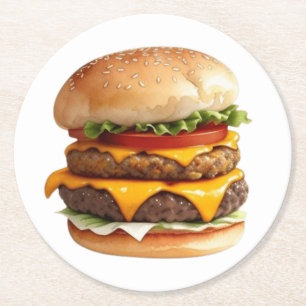 A Watercolor Drawing of a Cheeseburger Round Paper Coaster