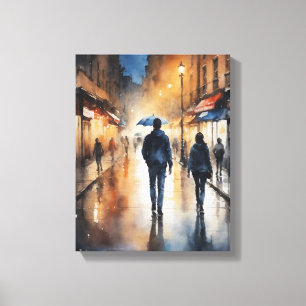 a watercolor of a man and woman walking down canvas print