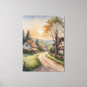 a watercolor painting of houses and a road canvas print