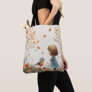 A Watercolor Painting Of Little Girl & Bird Tote Bag