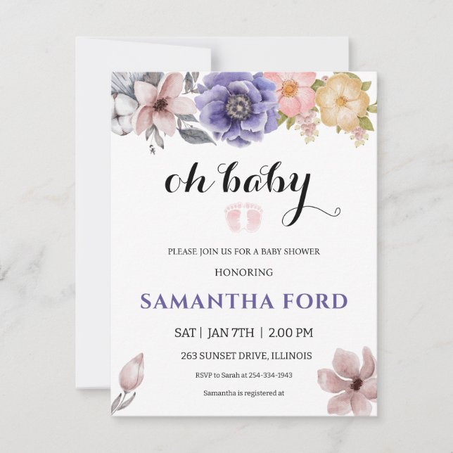A Watercolour Floral  Girl Baby Shower Invitation (Front)
