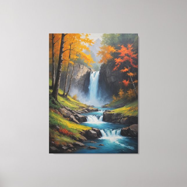 a waterfall in a forest painting canvas print (Front)