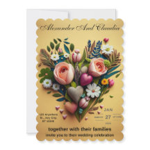 A wedding invitation made of flowers and hearts